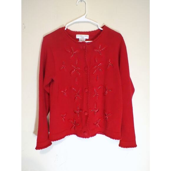Victoria Jones Petites Red Winter / Christmas Cardigan Sweater - Picture 1 of 5